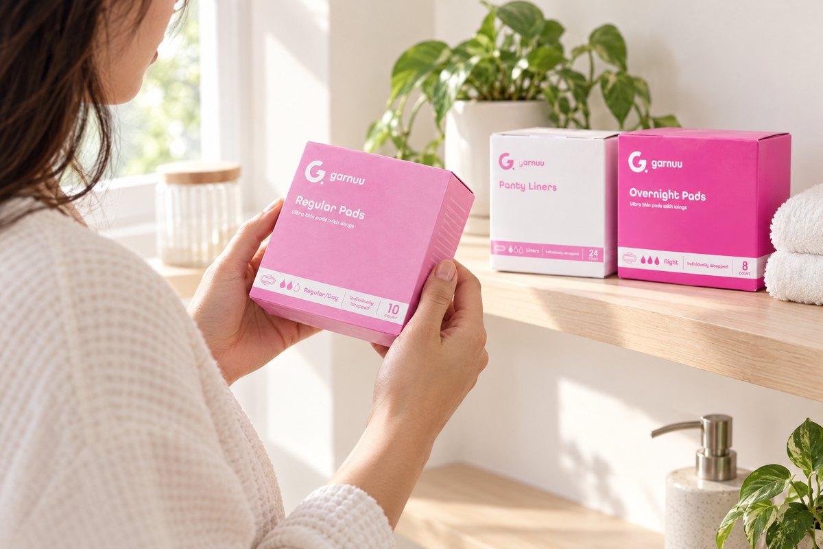 A woman at a bathroom shelf turning a Garnuu Regular Pads box to read its side panel