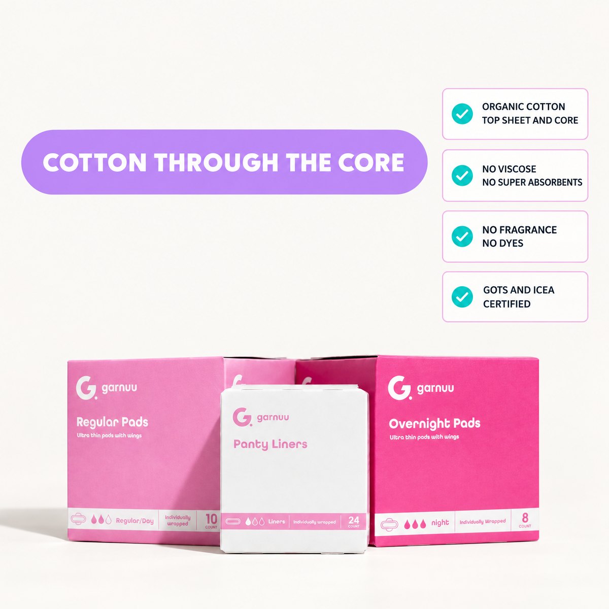 Garnuu Regular Pads, Panty Liners and Overnight Pads boxes with four cards: organic cotton top sheet and core, no viscose, no fragrance, GOTS and ICEA certified