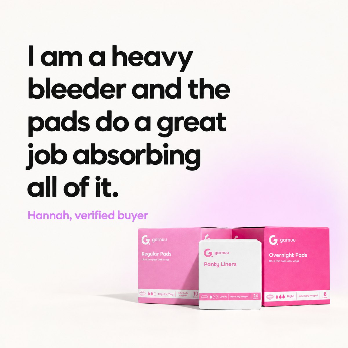 Pull quote from Hannah, a verified buyer: I am a heavy bleeder and the pads do a great job absorbing all of it