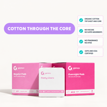 Thumbnail: Garnuu Regular Pads, Panty Liners and Overnight Pads boxes with four cards: organic cotton top sheet and core, no viscose, no fragrance, GOTS and ICEA certified