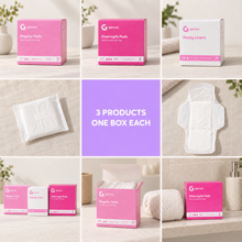 Thumbnail: Nine photographs of Garnuu boxes, wrapped pads and an unfolded pad: three products, one box each