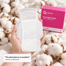 Thumbnail: A hand holding one wrapped Garnuu pad over raw cotton, with a verified buyer's line: the absorbency is excellent