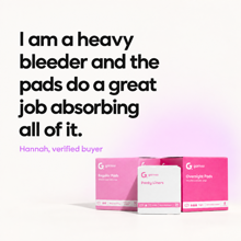 Thumbnail: Pull quote from Hannah, a verified buyer: I am a heavy bleeder and the pads do a great job absorbing all of it